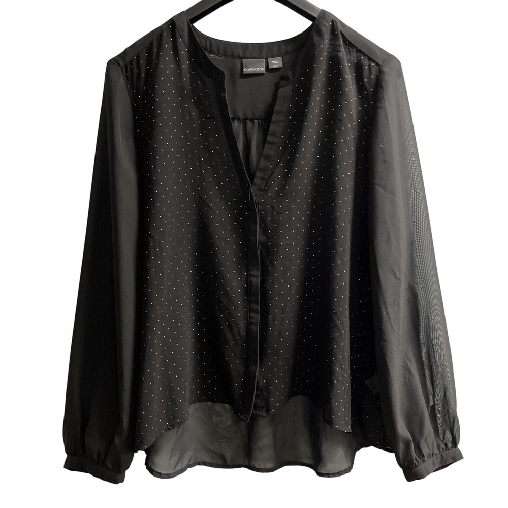 Covington Top Womens XL‎ Sheer Black Chiffon Button Down Metallic Gold Accents
